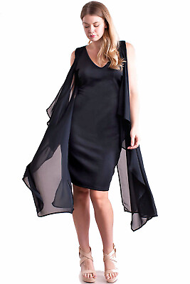 #ad Plus Size Black Cocktail Party Dress Short with Attached Chiffon Cape Vest 1X $29.24