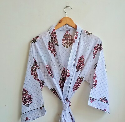 #ad Indian Red White Floral Cotton Beach Cover Up Kimono Night Kimono Bath Robes US $26.22