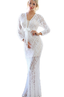 #ad Plunging V Neck Front Tie White Lace Maxi Dress $24.99