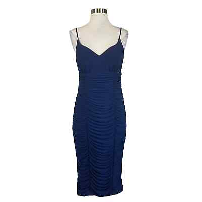 #ad XSCAPE Women#x27;s Cocktail Dress Size 6 Blue Sleeveless Ruched Midi Sheath $69.99
