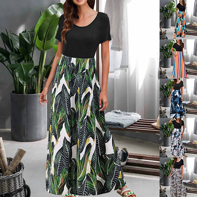 #ad Women Boho Floral Maxi Dress Summer Baggy Kaftan Holiday Beach T Shirt Dress US $23.49