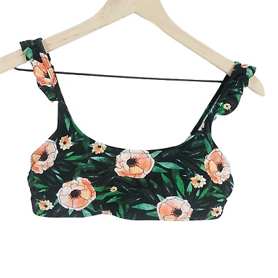 #ad Floral Black Green Ruffle Strap Padded Bikini Top Colorful Boho Sz M $5.80