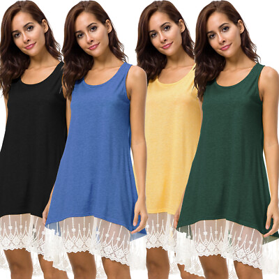 #ad Women O Neck Sleeveless Cotton LaceTank Dress Ladies Casual Loose Midi Sundress $14.99