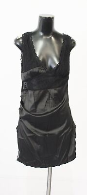 #ad Sister Party Women#x27;s V Neck Satin Lace Patchwork Mini Dress AK1 Black Large NWT $20.89