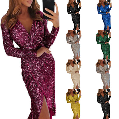 #ad Evening Party Dress Slit Bling Dress new V Neck Fashion Sexy Women Long Sleeve $18.51
