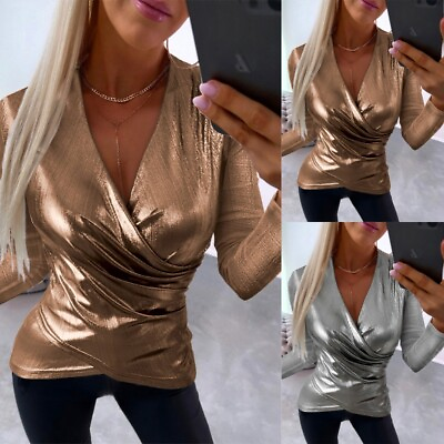 #ad Sexy Women#x27;s Wrap V Neck Tops Shirt Long Sleeve Shiny Clubwear Party Tops Blouse $20.19