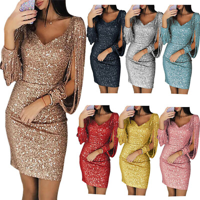 #ad New Womens Sequin Bodycon Evening Party V neck Sparkly Sexy Club Cocktail Dress $8.54