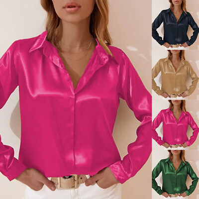 Women Satin V Neck Tops Ladies Long Sleeve Casual Buttons T Shirt Blouse US Size $24.79
