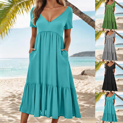 #ad Summer Womens Solid Short Sleeve Pencil Ruffled Dress V Neck Midi Dresses Beach $23.05