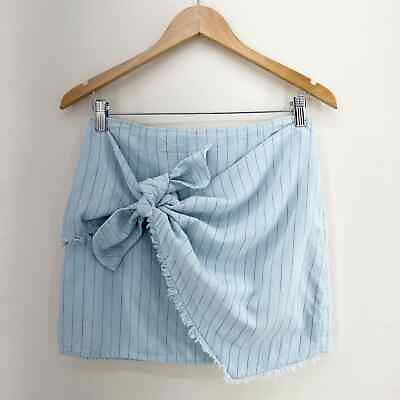 #ad WILD HONEY Cotton Linen Raw Edge Wrap Pinstripe Mini Skirt Light Blue Size M $17.95