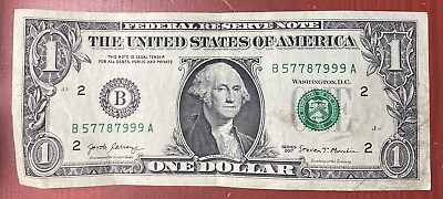 2017 $1 – NOTE BILL FANCY SERIAL NUMBER 3 9’s And 3 7’s. $4.00