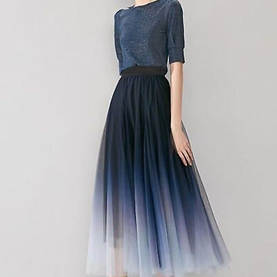 #ad Gradient Mesh Maxi Skirt Women A line Elegant Color Tulle for High Waist Pleated $13.65