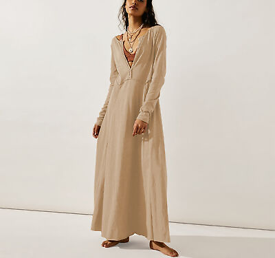 #ad Women Buttons Long Sleeve Solid Bohemian Swing Long Maxi Dress $37.04