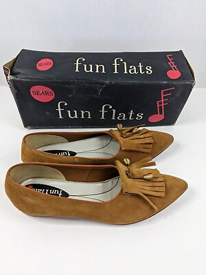 #ad Original 1960s Sears Fun Flats shoes Size 5 1 2 Brown Suede Like with tassels $45.00