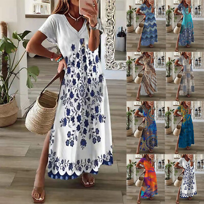 #ad Womens Short Sleeve Casual Long Maxi Dress Floral Kaftan V Neck Summer Sundress‹ $19.15