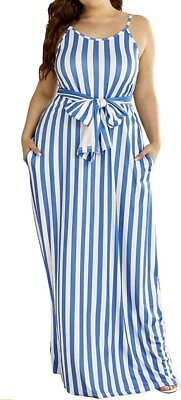 #ad Women#x27;s blue white striped ruched waist sleeveless maxi dress 3X $19.99