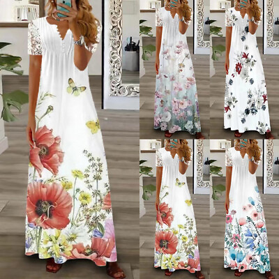#ad Plus Size Womens BOHO Floral Lace Maxi Long Dress Ladies Summer Holiday Sundress $32.79