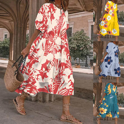 #ad Women Holiday Summer Beach Kaftan Sundress Puff Sleeve Floral Maxi Dress Plus $32.21
