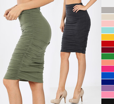 High Waist Ruched Sides Pencil Skirt High Waist Lined Stretch Cotton Solid Knit $15.99