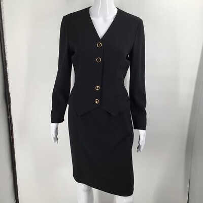 Valentino Womens Skirt Suit Black Long Sleeve Pockets 2 Piece Buttons Italy 40 6 $93.99