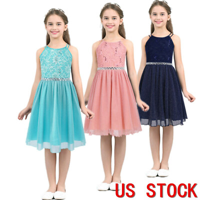 US Girls Sequined Bridesmaid Dresses Wedding Flower Kid Dresses Floral Lace Gown $16.22
