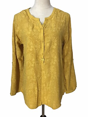 #ad Go Fish Mustard Yellow Cotton Linen Embroidered Long Sleeve Tunic Boho Medium $24.99