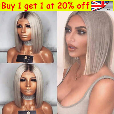 Womens Grey Ombre Short Straight Hair Wigs Lady Natural Bob Cosplay Wig FC $14.74