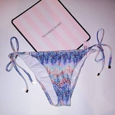 Victoria Secret Swim Bikini Bottom Skimpy String Blue Pink Shimmer Tie Up New $19.99
