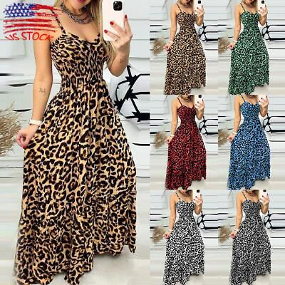 #ad Leopard Print Long Maxi Dress Womens Summer Beach Strappy Sundress Plus Size $30.30