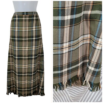 #ad Vintage Plaid Plus size 22 24W Blanket Skirt Long Midi Fringe hem Green Tartan $19.79