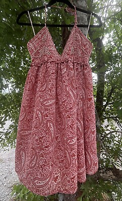 #ad ZARA Textured Flutter Mini Dress Red Paisley V Neck Open Back Boho Medium Beach $25.00
