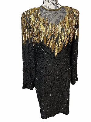 #ad Vtg Stenay Black Gold Silk Beaded Sequin Cocktail Party Dress Size 12 $59.99