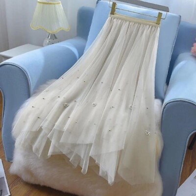 Lady Tulle Skirts Mesh Beaded Tutu Layered Dress Elastic High Waist Sheer Casual $24.03