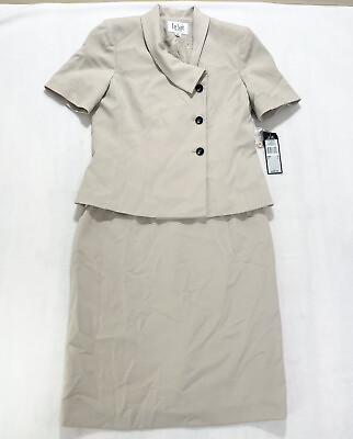 #ad Le Suit Petite Beige Two Piece Short Sleeve Button Jacket Zip Skirt Suit Set 8 $28.00