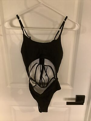 #ad One Piece Swimsuit Open Belly Spaghetti Strap Black Size Small $17.99