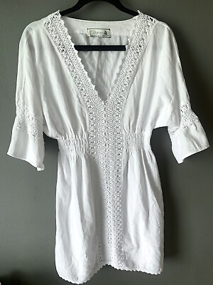 #ad Seaspice Crochet Detail White Beach Dress Swim Cover Up 100% Peruvian Cotton L $24.99