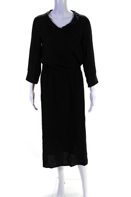 #ad Neiman Marcus Womens Collared Solid Long Sleeve Maxi Dress Black Size Small $34.81
