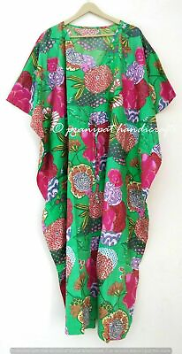 Indian Green Long Fruit Print Cotton Ethnic Maxi Women Nightwear Caftan Dress $22.31