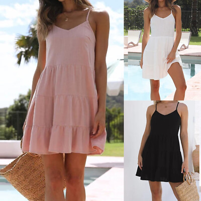 #ad Womens Sleeveless V Neck Mini Dress Ladies Summer Beach Casual Loose Sundress US $28.09
