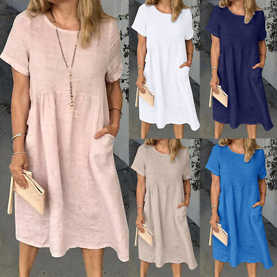 #ad Plus Size Womens Short Sleeve Plain Midi Dress Summer Loose Smock Kaftan Dress $25.94