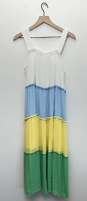 #ad Blu Pepper Gauzy Tiered Midi Sun Dress Women’s Sz L White Blue Yellow Green $20.00