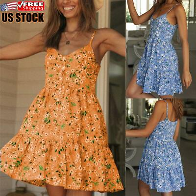 Women#x27;s Summer Beach Mini Dress Ladies Holiday Casual V Neck Strappy Sun Dresses $6.25