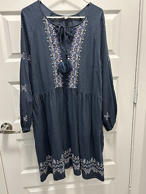 #ad Knox Rose Indigo Blue Dress Long Sleeve Embroidered Tassel Boho Womens XL EC $14.40