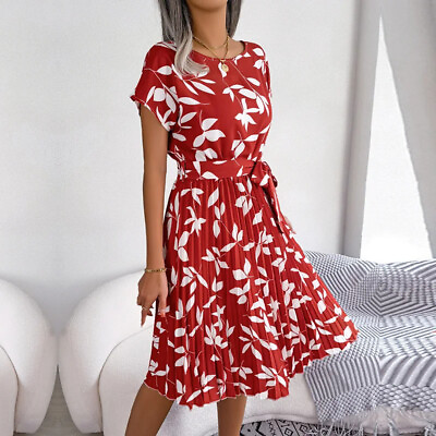 #ad Women#x27;s Boho Short Sleeve Floral Midi Dress Ladies Summer Holiday Party Sundress $17.99