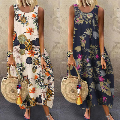 #ad US Women Cotton Floral Long Dress Tank Maxi Dress Holiday Beach Kaftan Sundress $17.09
