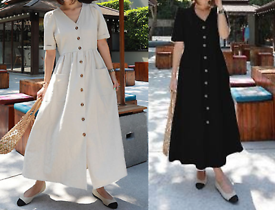#ad Women Cotton Linen Clothing Maxi Dutton Down Dress Short Sleeve Sexy V Neck $14.99