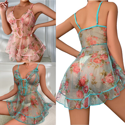 Women Sexy Lingerie Lace Sheer Babydoll Mini Dress Underwear Nightwear Sleepwear $13.26