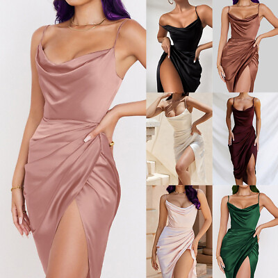 #ad Womens Satin Silk High Split Midi Dress Bodycon Ladies Sexy Party Cocktail Dress $13.79