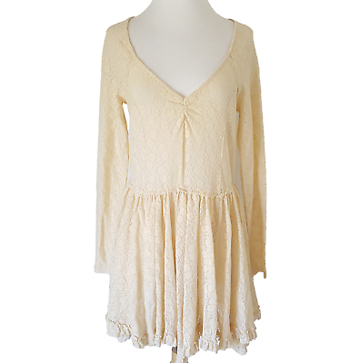 #ad Intimately Free People Ivory Lace Dress L Long Sleeve Romantic Stretch Fairy $22.00