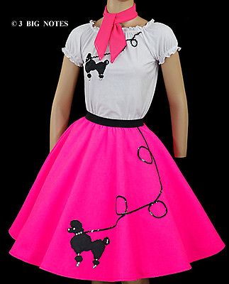 3 Pc Neon Pink Poodle Skirt Outfit Adult Size SMALL Waist 25quot; 32quot; L 25quot; $53.95